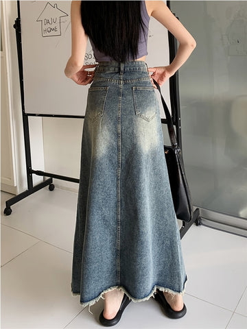 Denim Button Pockets Ankle Length A Line Tassel Long Skirt