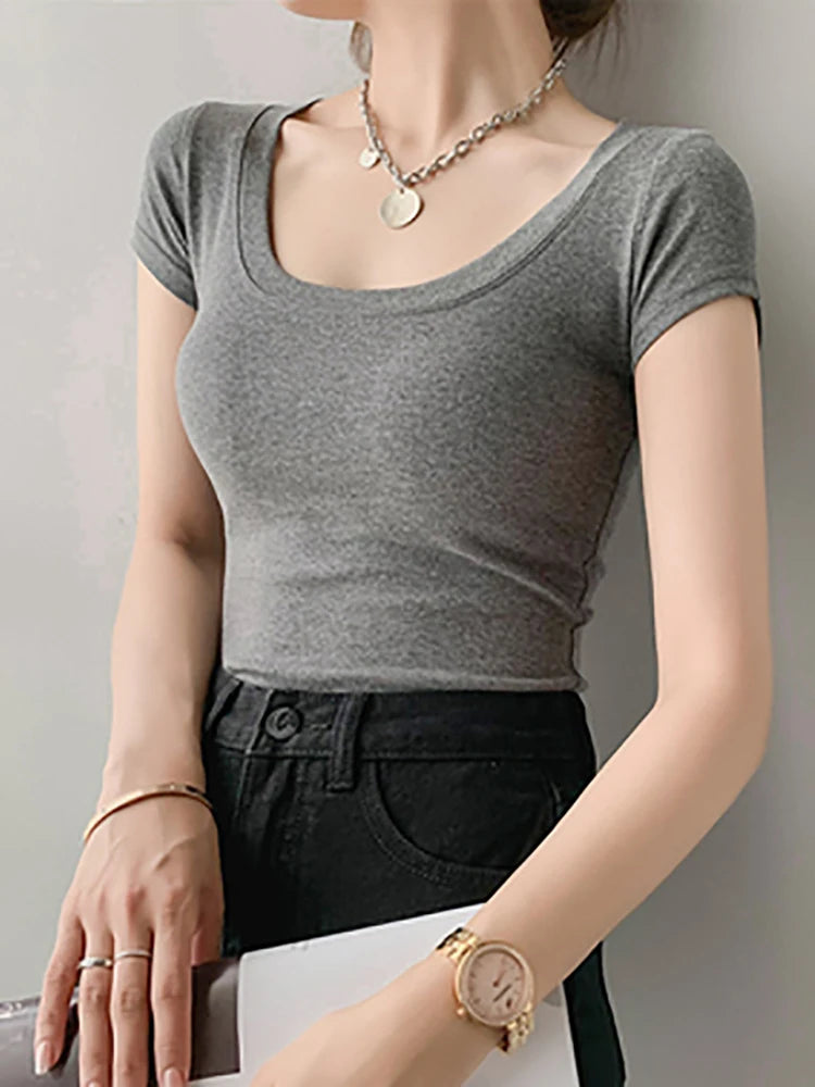 Cotton T Shirt Women Slim Solid Basic Tees Color Casual