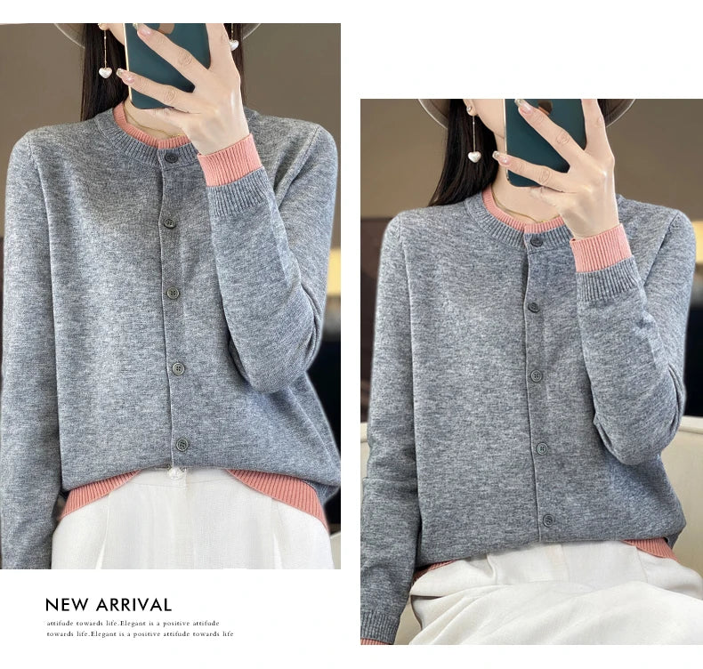 Knitted Cardigan Sweater Clothing O-neck Patchwork Long Sleeve Tops