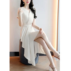 Summer V-neck Elegant Fashion Folds Waist Dress Lady Short Sleeve