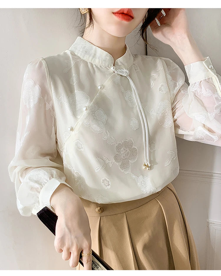 Shirts Blouses Stand Collar Chinese Style Long Sleeve Chiffon