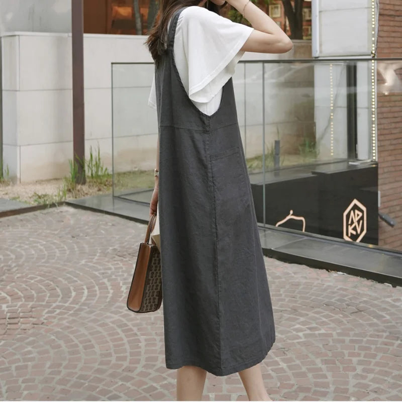 Fashion Cotton Linen Spaghetti Strap Dress Loose Pockets