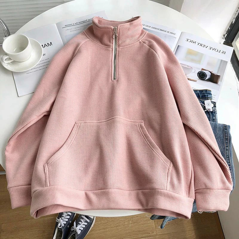 Thicken Zipper Stand Collar Hoodie Women Casual Long Sleeve Pullover Top