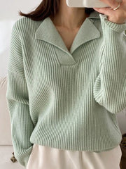 V-neck Sweater Long-sleeved Knitted Pullovers Ribbed Oversize