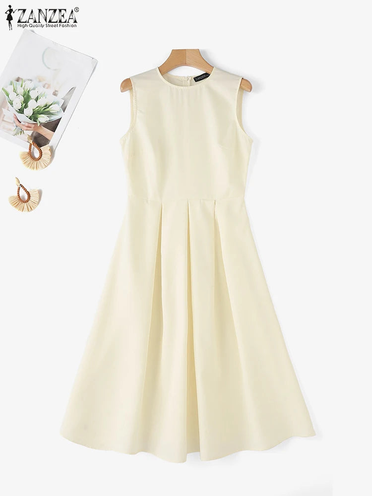Women Sleeveless Pleated Dress A-line Tank Evening Dress