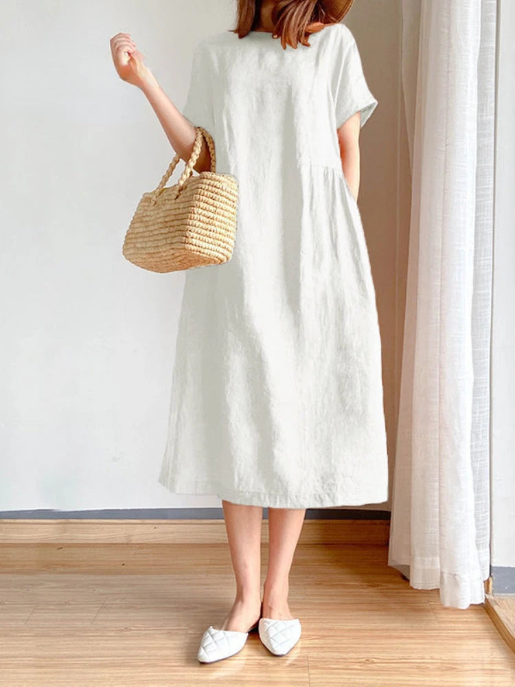 Summer Casual Loose Short Sleeve A-LINE Oversize Solid Midi Dress