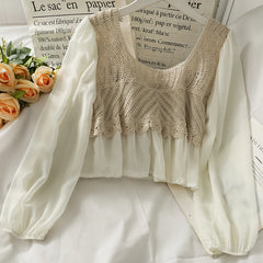 Crochet Top with Chiffon Flower Embroidery Long Sleeve Blouse