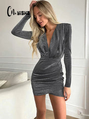 Long Sleeve V Neck Shoulder Pads Bodycon Ruched Dress