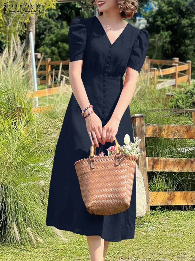Party Work Midi Dresses Women V Neck Short Sleeve Sundress