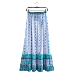 BOHO Light blue Contrast Small Flower Print Long Skirt