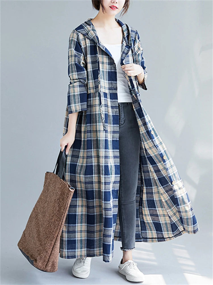 Casual Hooded Trench Coat Long Sleeve Single Breasted Plaid Cotton Office Lady Dress