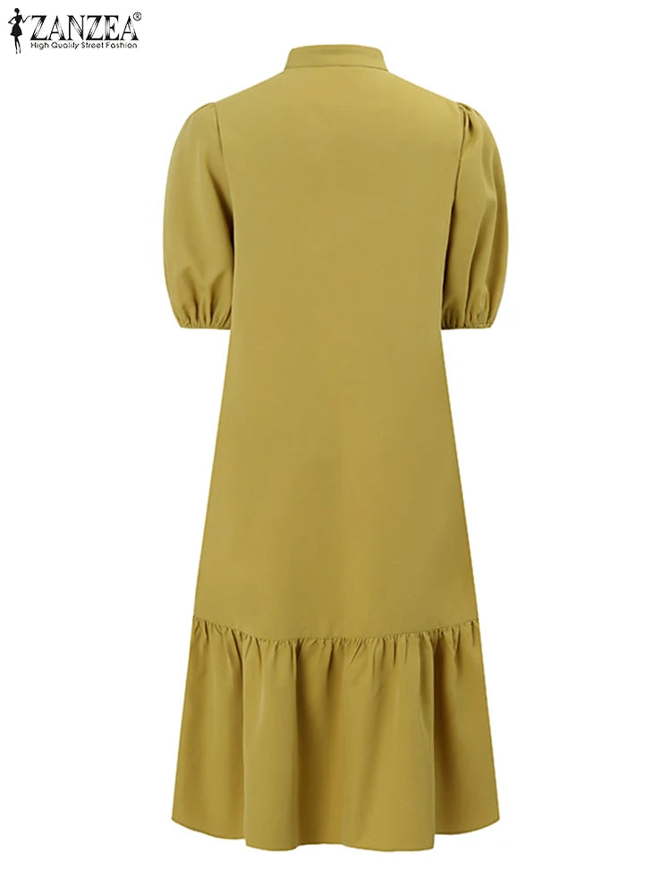 Elegant O Neck Puff Sleeve Sundress Stylish Women Shirt Dres