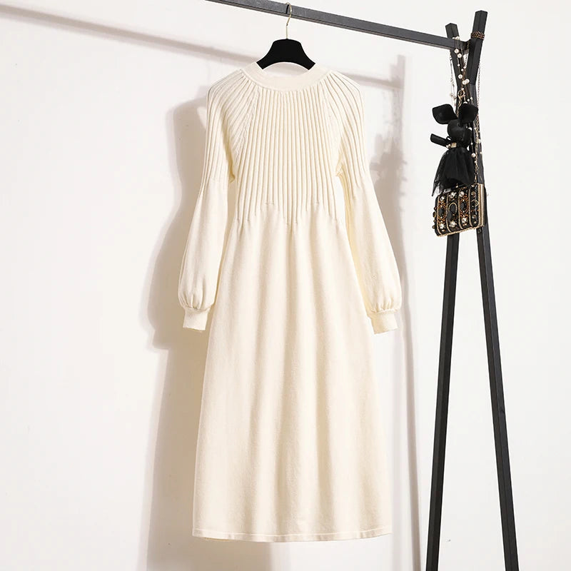 Knitted Sweater Dresses Office Elegant Solid Basic High Waist A-line Lantern Sleeve