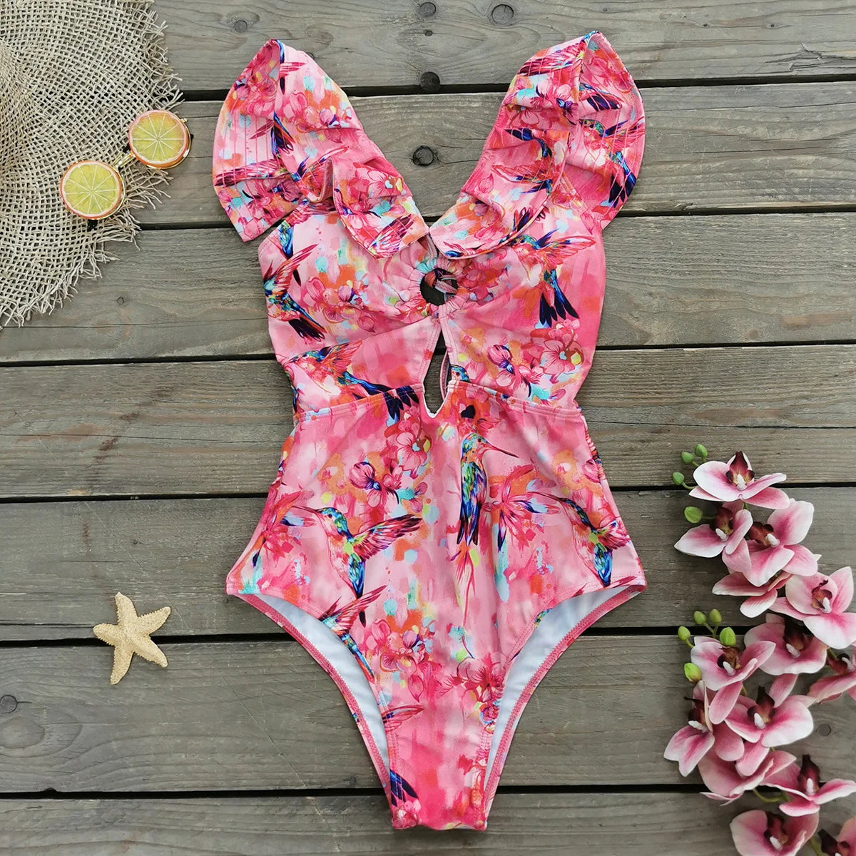 Print Ruffle One Piece Swimsuit Deep-V Swimwear