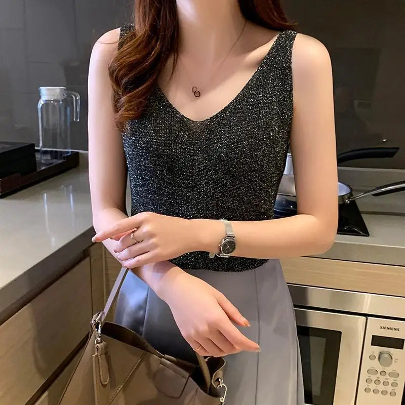 V-neck Solid Color Sequins Knitting Tank Top