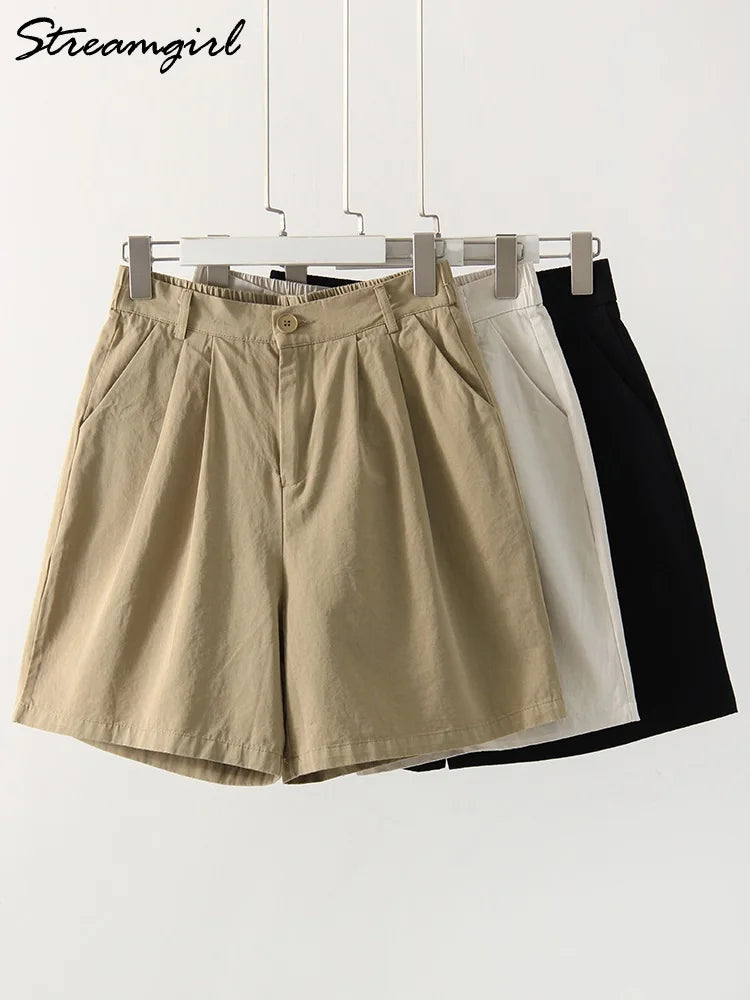 Casual Wide Leg Cotton High Waist Loose A Line Short Pants