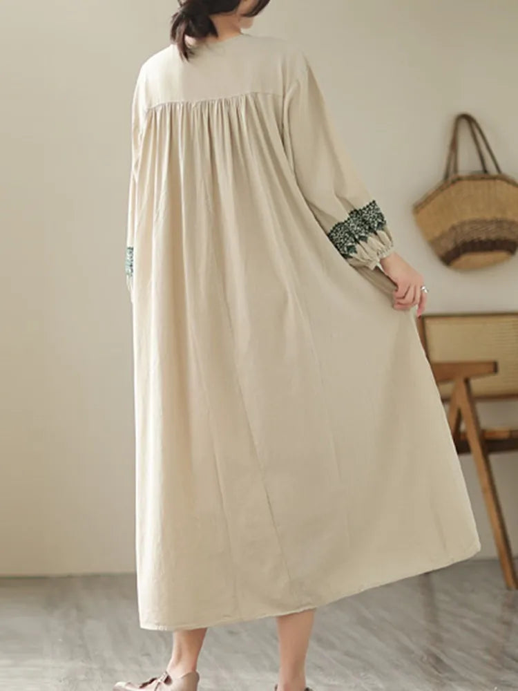 Cotton Long Dresses Vintage Style Geometric Embroidery