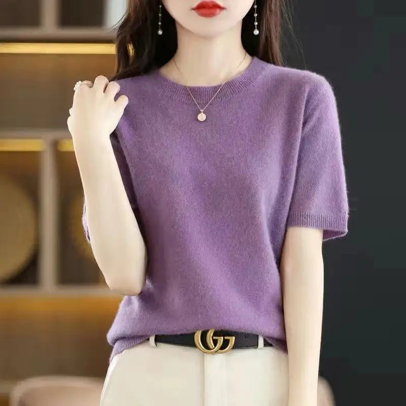 Short-sleeved O-neck  Pullover T-shirt Knitted Base Sweater