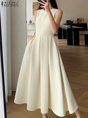 Women Sleeveless Pleated Dress A-line Tank Evening Dress