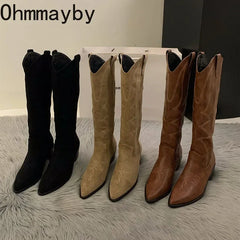 Women Boots Fashion Square Low Heel Ladies Elegant Footwear