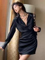 Black V-neck Dress Style Slim Patchwork Long Sleeve Party Office