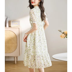 Floral Printing V-neck Ruffles A-line Robe Short Sleeve Lace Up Dress