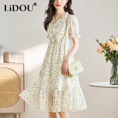 Floral Printing V-neck Ruffles A-line Robe Short Sleeve Lace Up Dress