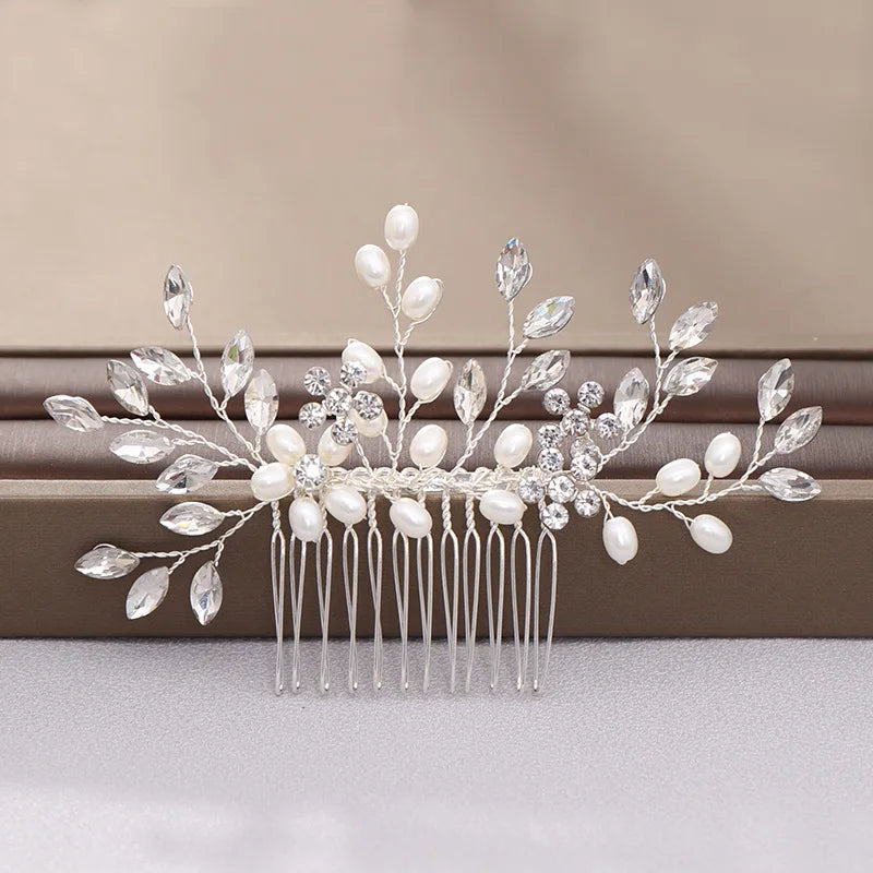 Crystal Pearl Hair Comb Clip Pin Alloy Leaf Hair Comb