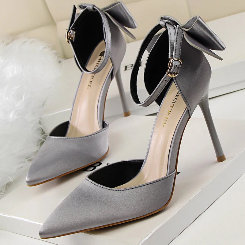 Bow-knot Kitten Heels Pumps Satin Stiletto Party Shoes