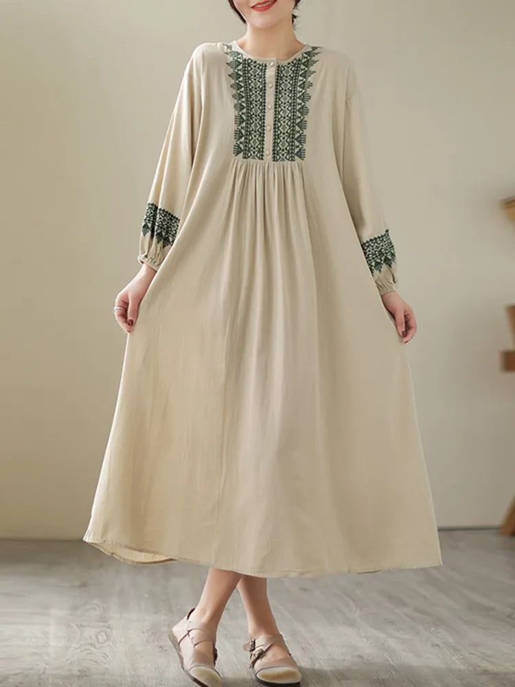 Cotton Long Dresses Vintage Style Geometric Embroidery