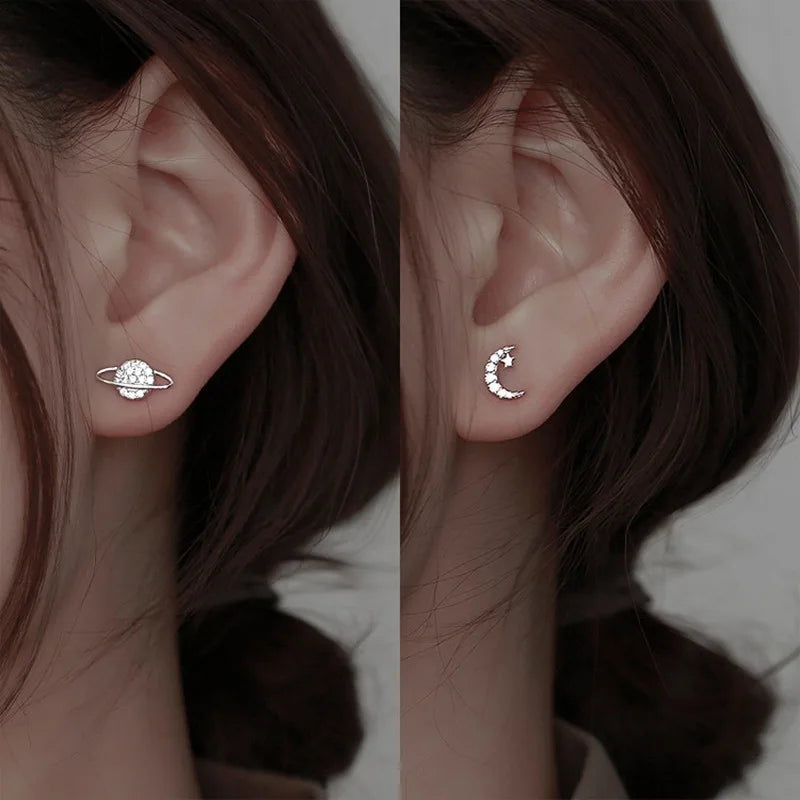 Simple Piercing Stud Earrings for Women Star Moon Fine Jewelry