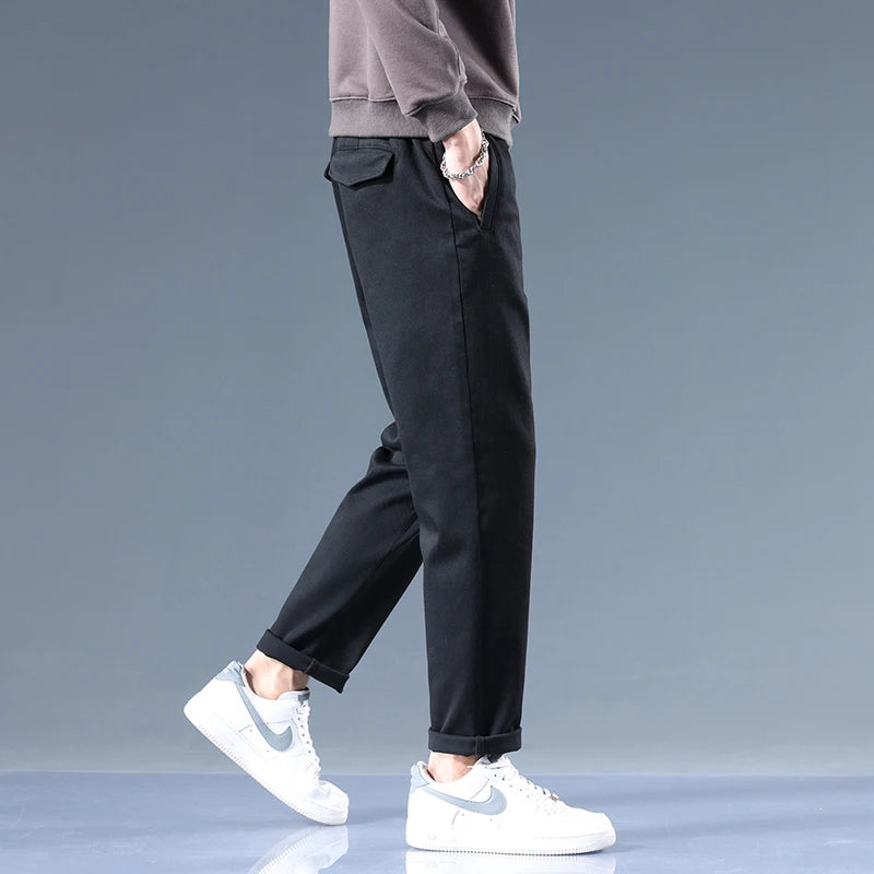 elastic waist pure black jeans brand thick zipper pocket trousers