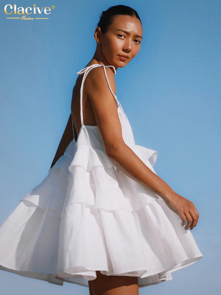 Loose White Cotton Strap Sleeveless Mini Dresses