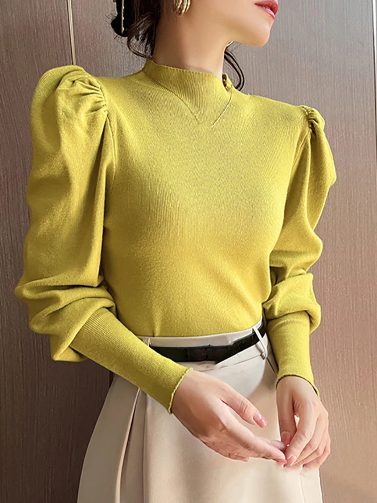 Sweater Turtleneck Slim Fit Basic Pullovers Fashion Knit Puff Sleeve