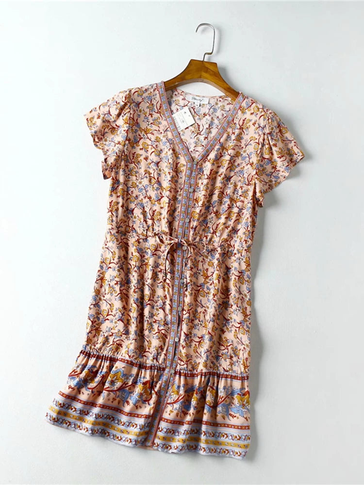 Vintage Chic Floral Print Deep V-neck Vacation Bohemian Mini Dress