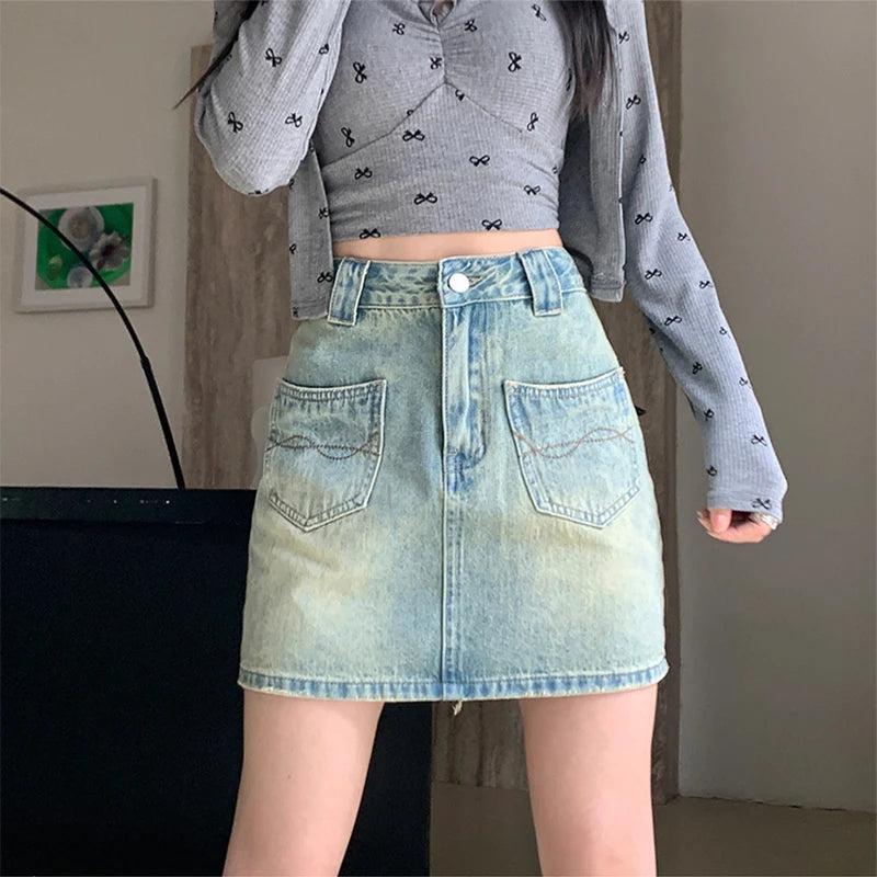 Retro A-line Denim Fashion Women's Casual High Waisted All Match Skirt