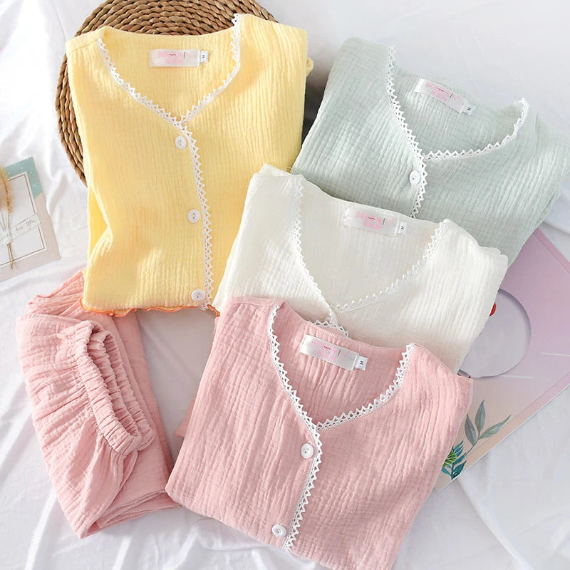 style n ladies pajamas set cotton crepe long sleeve trousers home suit