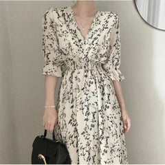 Vintage Elastic Waist A Line V Neck Office Floral Chic Chiffon Long Dress Retro