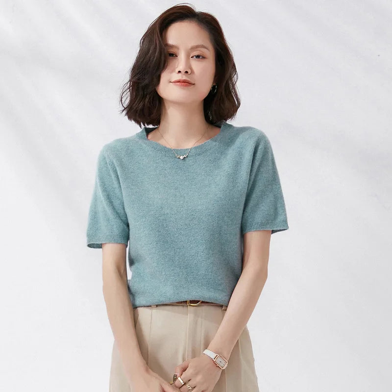 Short-sleeved O-neck  Pullover T-shirt Knitted Base Sweater