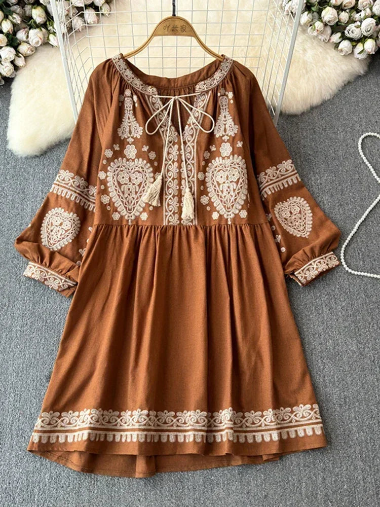 Bohemian Retro Ethnic Style Blend Embroidered Long Sleeves Mini Dress