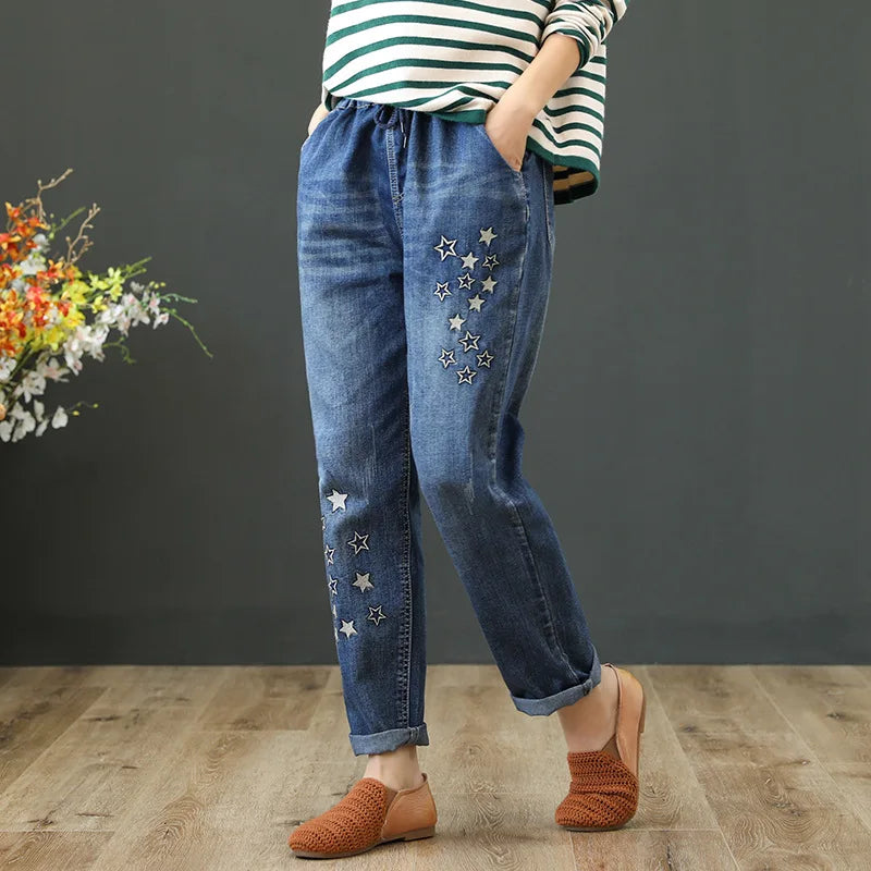 Women's Denim Pants Vintage Flower Embroidery Casual Loose Jeans
