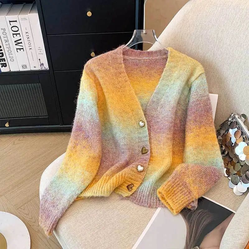 V Neck Short Cardigan Long Sleeve Gradient Sweater Coat