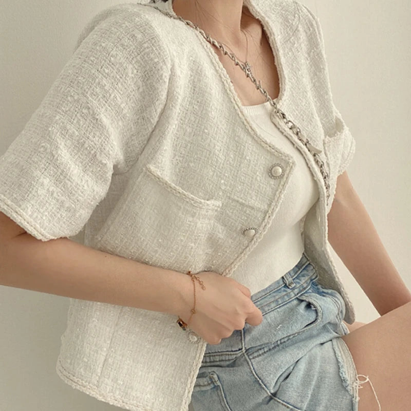 Women Chic Elegant Tweed Cardigan Short Coat