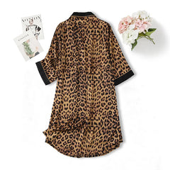 Casual Loose Leopard Nightdress Women Satin Sleepwear
