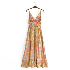 Bohemia Orange Floral Print Spaghetti Strap Dress