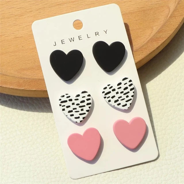 3Pairs/set Heart Stud Earrings for Women Colorful Jewelry Accessories