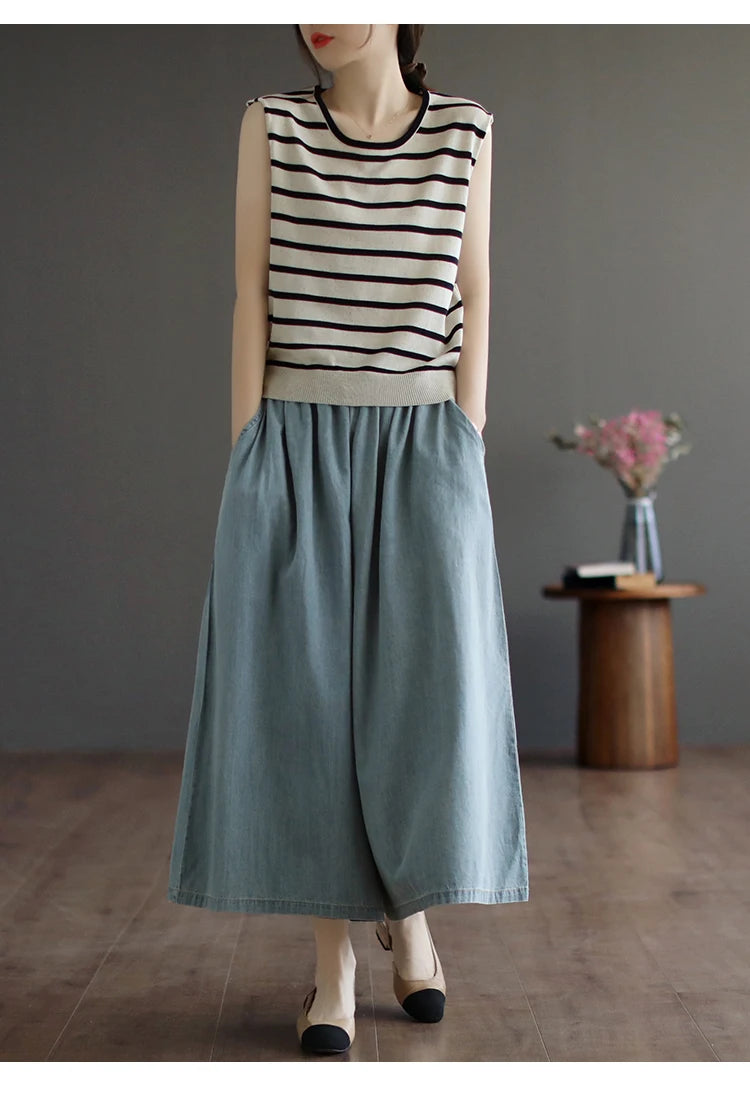 Trendy Wide Leg Jeans Skirts For Design Straight Loose Casual Solid Color