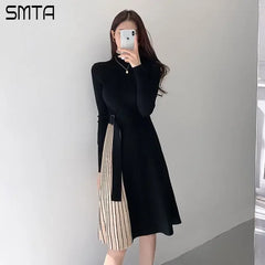 Vintage Elastic Knitted Sweater Midi Dresses Fashion Office Style