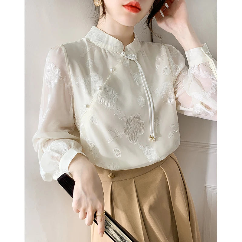 Shirts Blouses Stand Collar Chinese Style Long Sleeve Chiffon