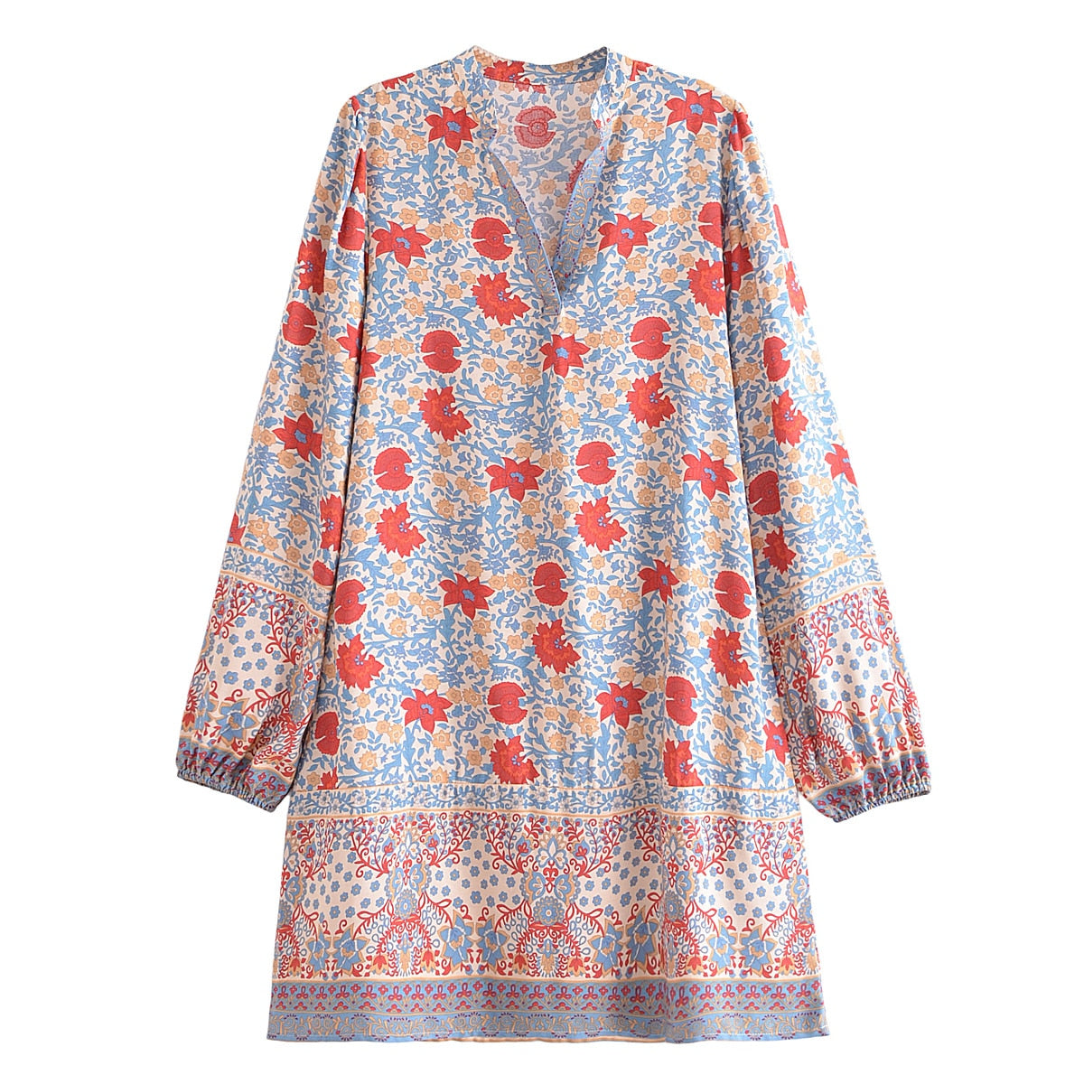 BOHO Women V neck Flower Print Full Sleeve Mini Dress